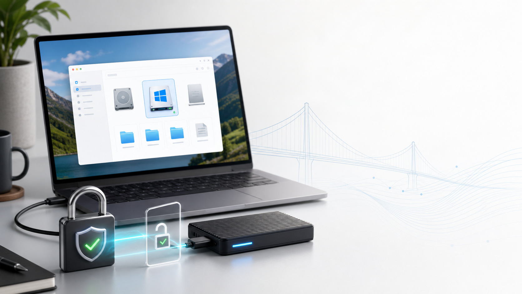 External encrypted Windows SSD connected to a Mac with secure mount visuals